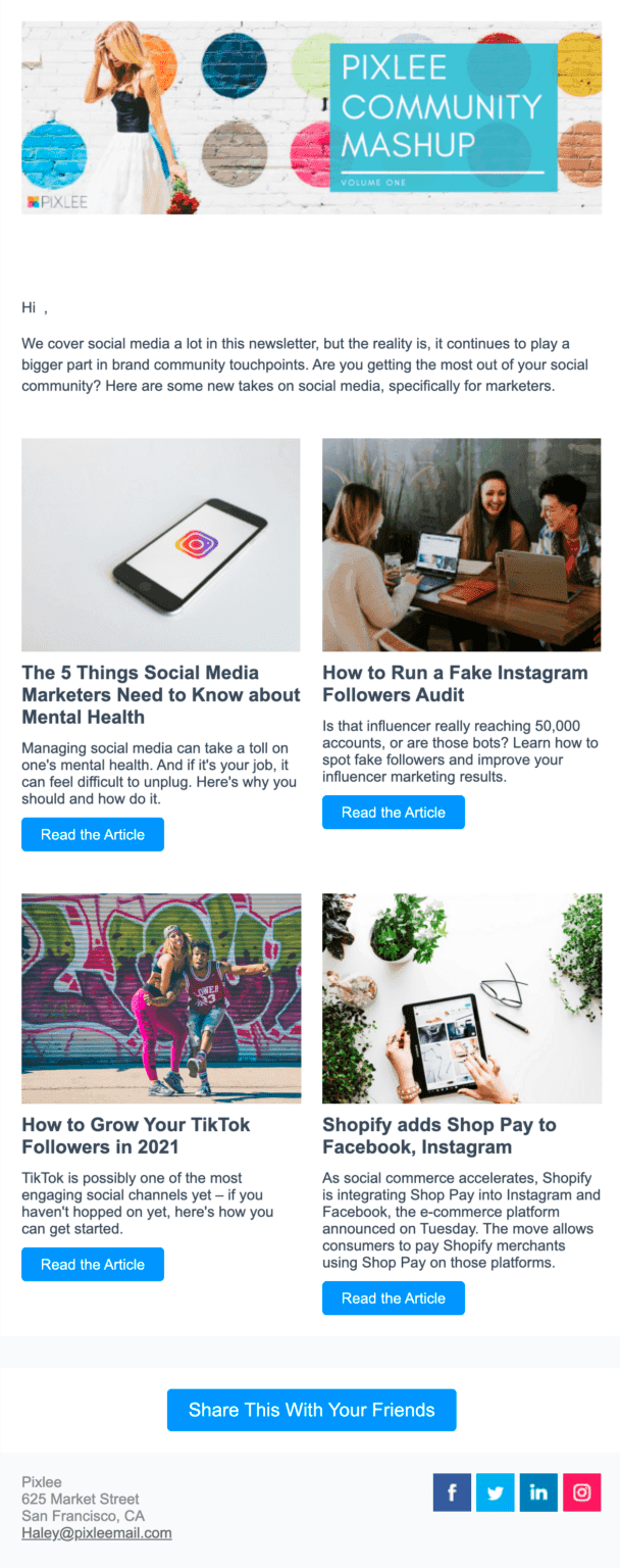 Newsletter design example from Pixlee