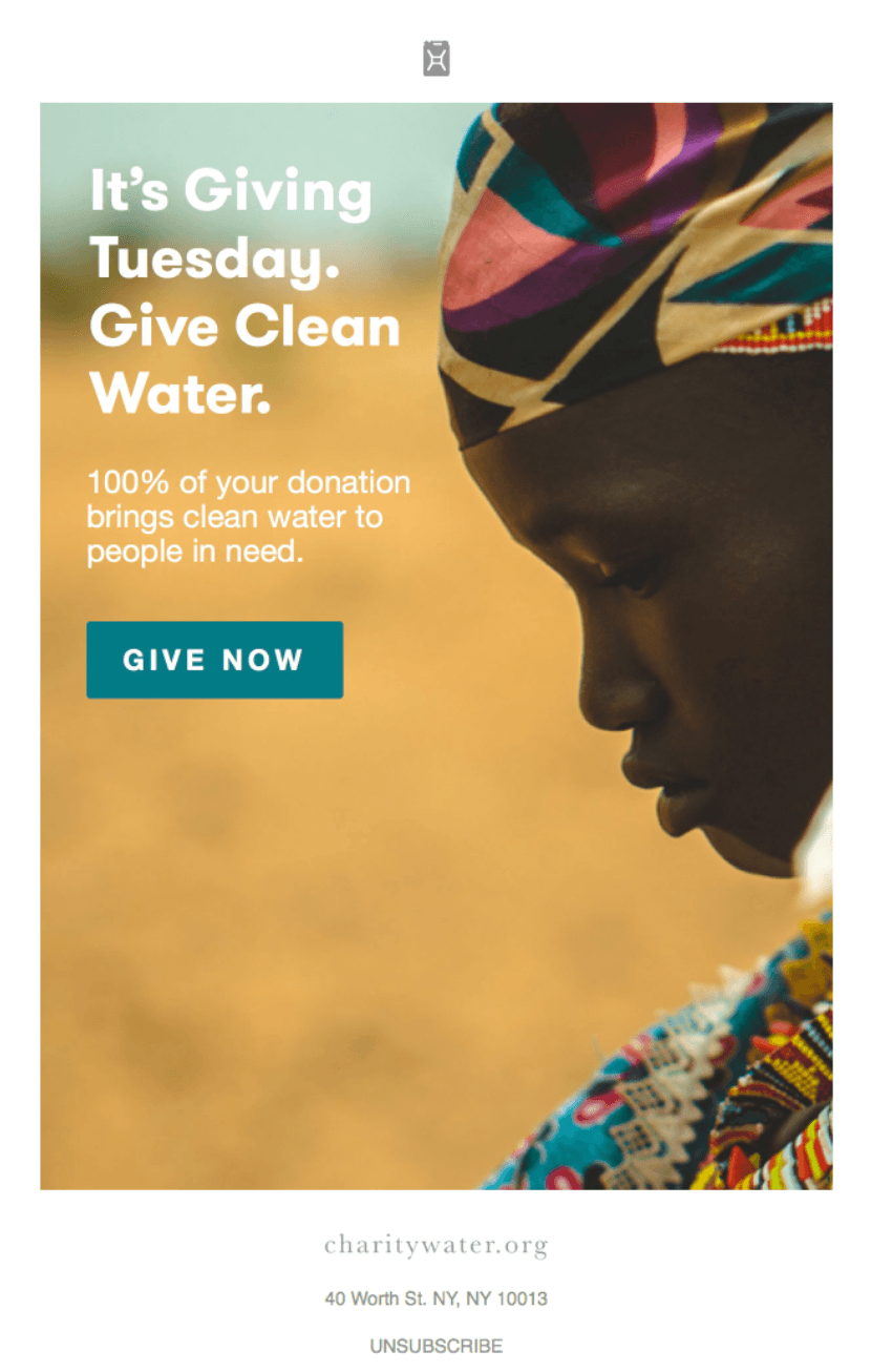 Giving Tuesday email example from Charity Water.