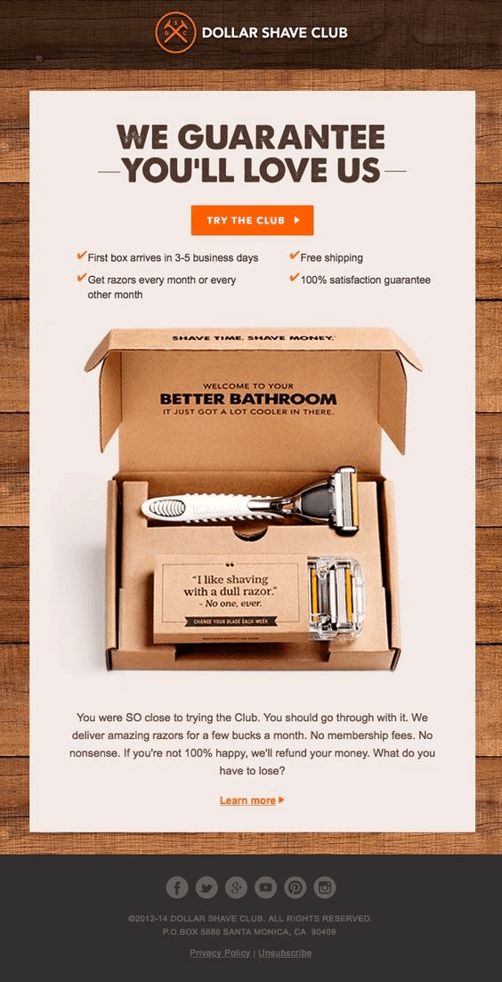 Abandoned cart email example from Dollar Shave Club.