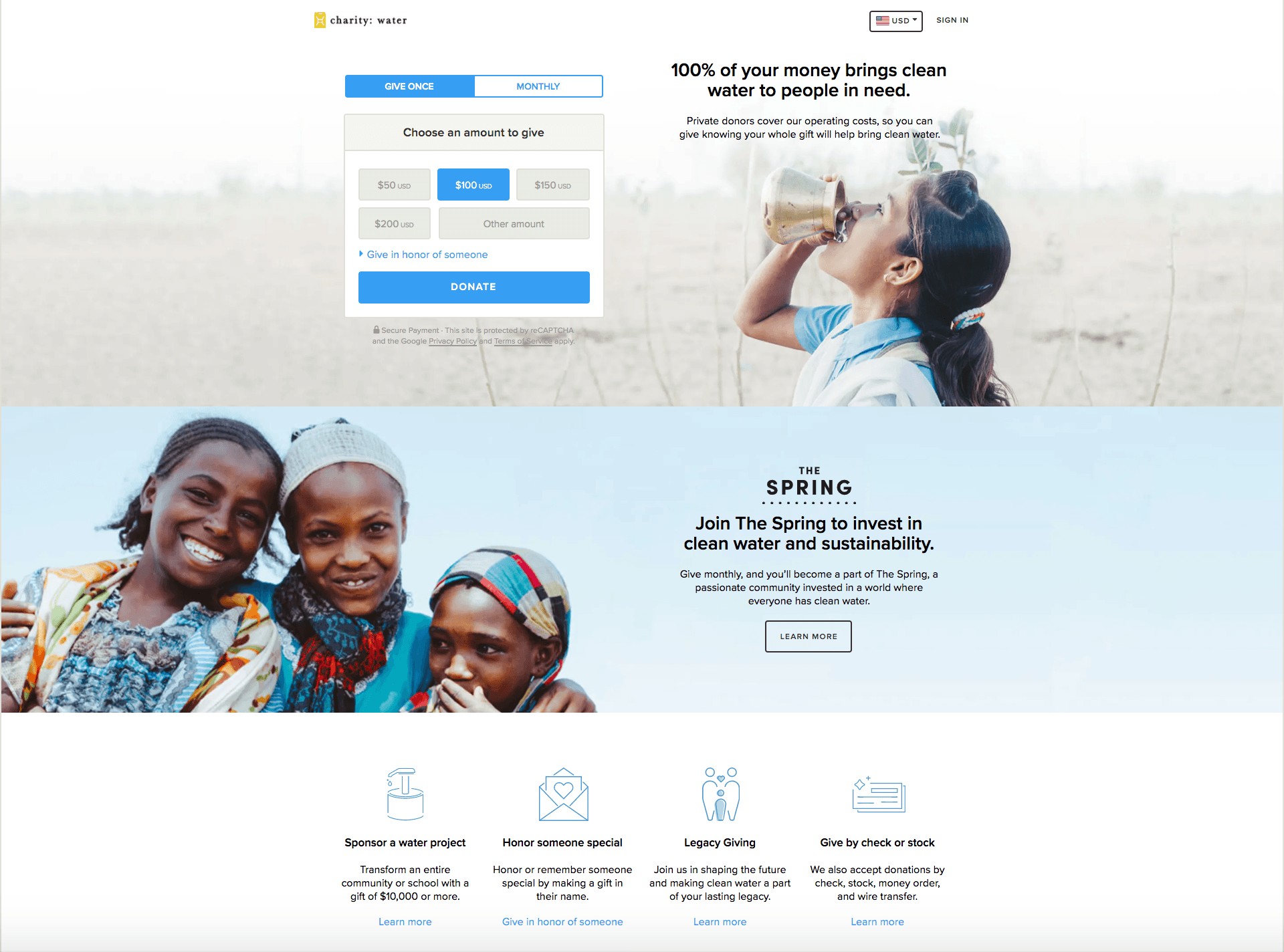 Landing page example from Charity Water