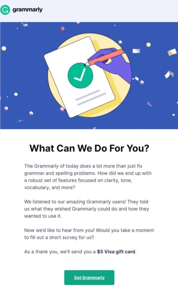 Email from Grammarly that includes a survey. 