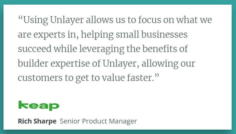 Senior product manager of Keap, Rich Sharpe, praising Unlayer. 