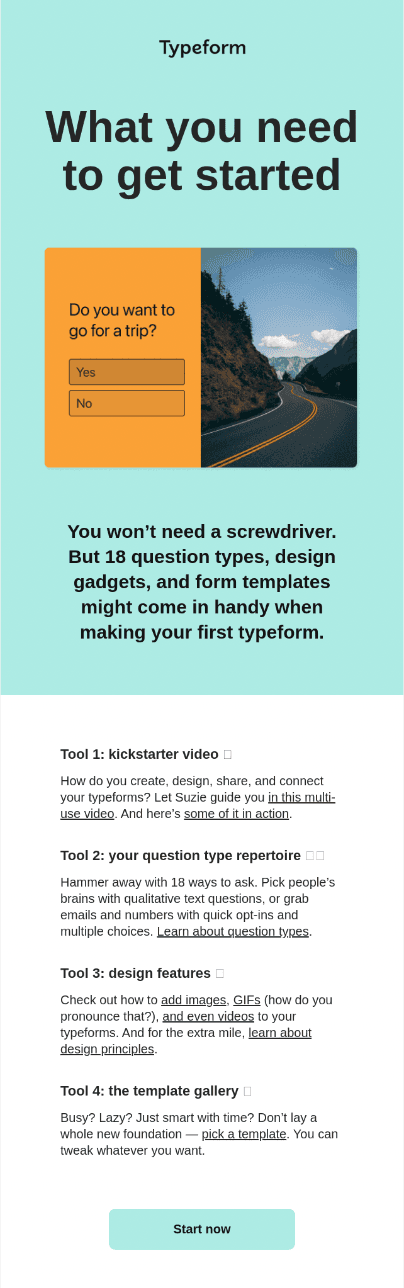 Typeform’s example of getting started onboarding email. 