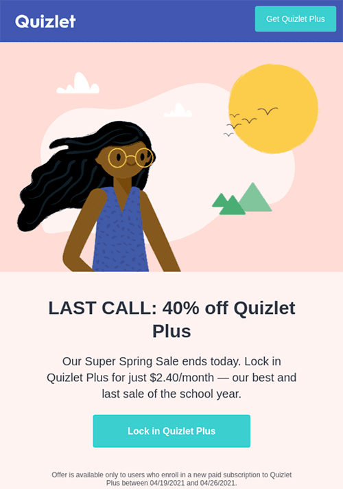 Last chance email example by Quizlet