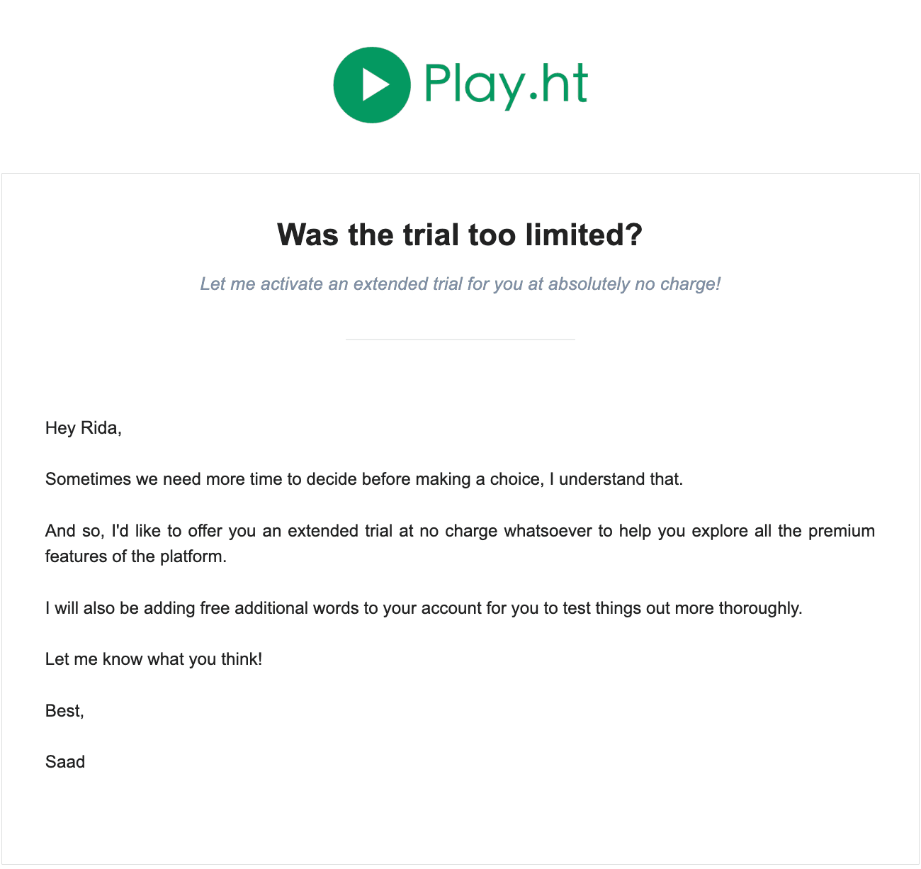 Trial extension email from PlayHT.