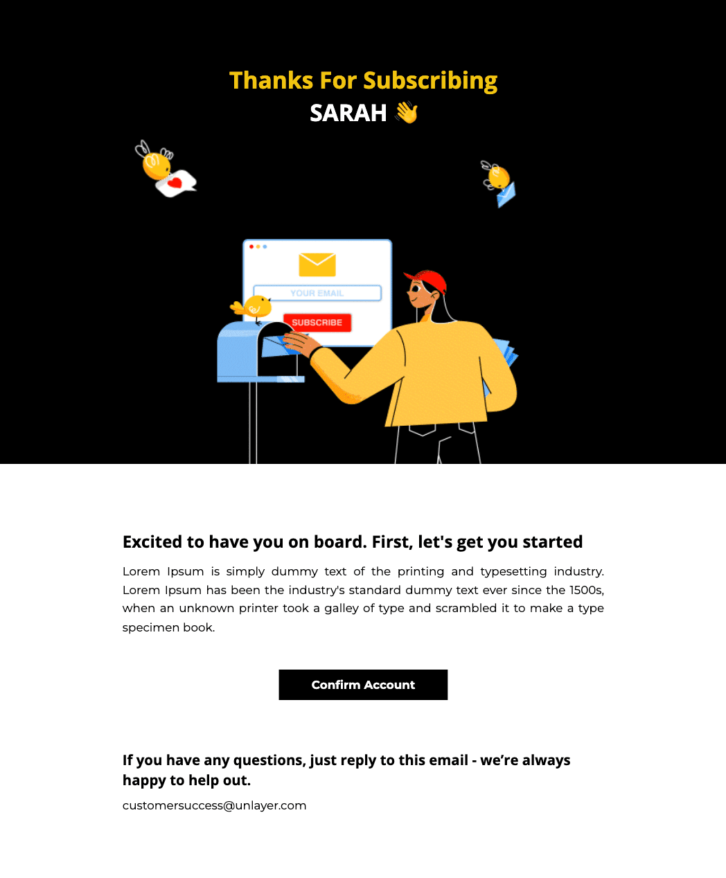 Subscription confirmation email template by Unlayer
