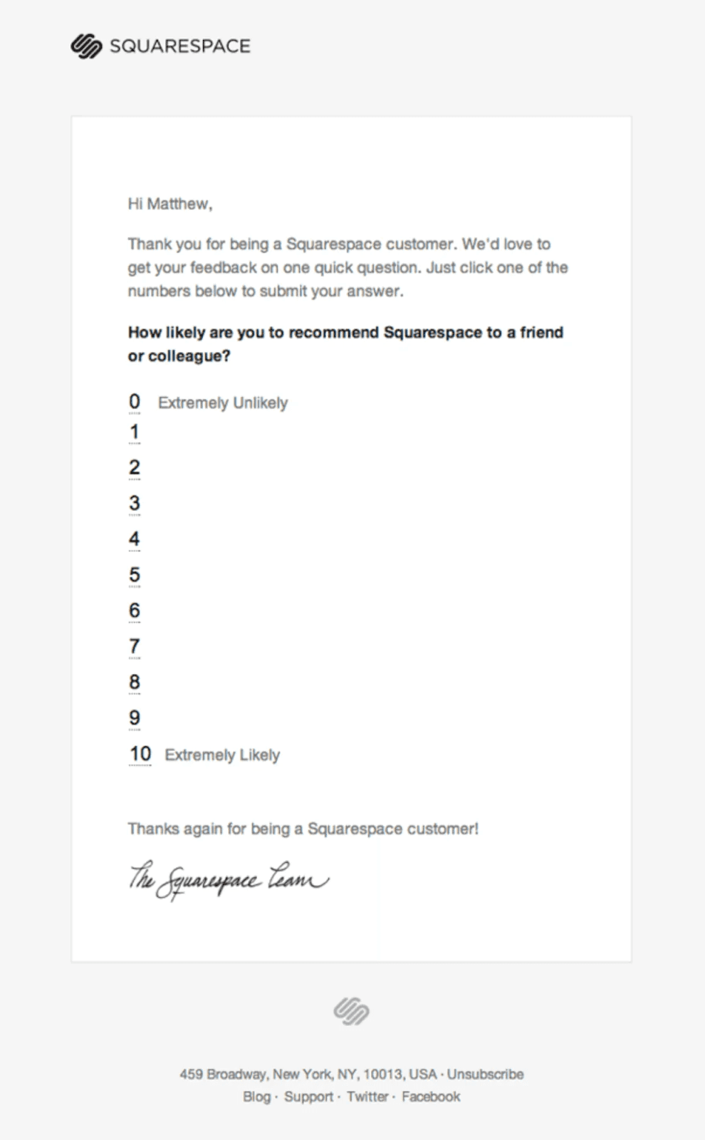 Survey email example from Squarespace.