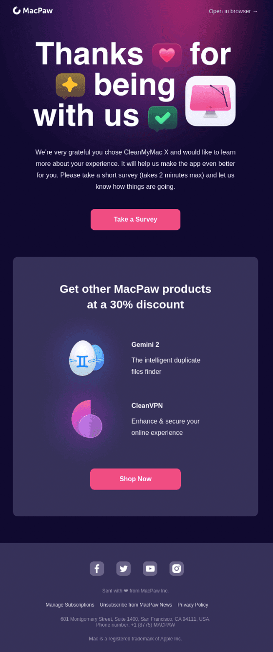 Macpaw’s examples of upsell onboarding email. 