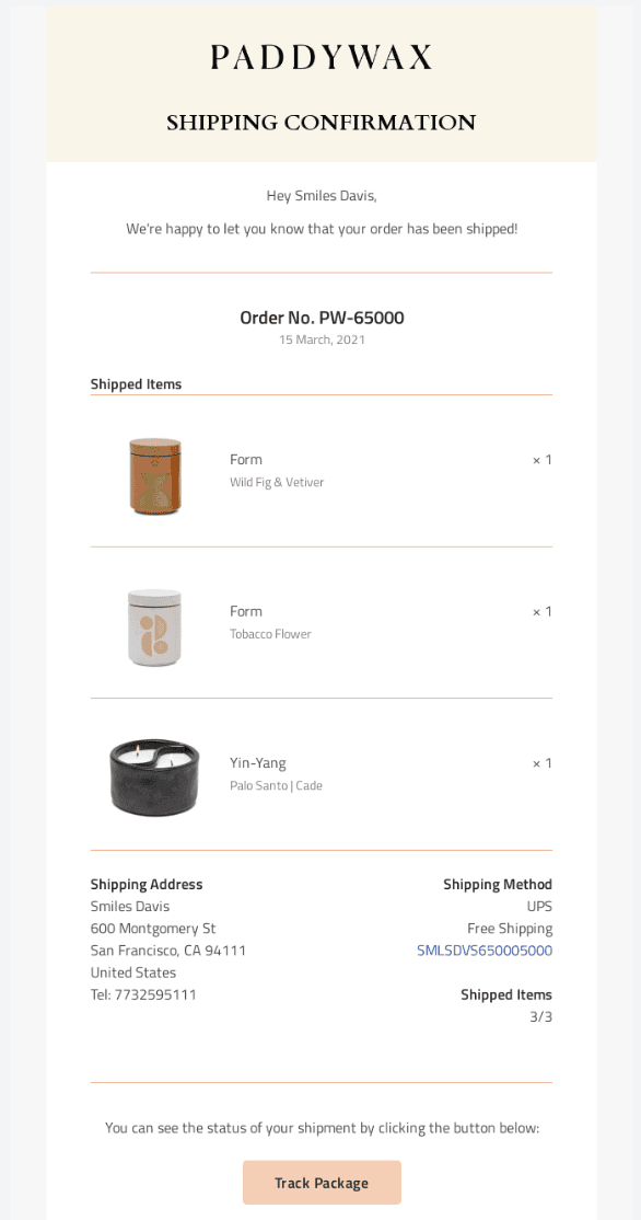 Shipping confirmation email examples from Paddywax