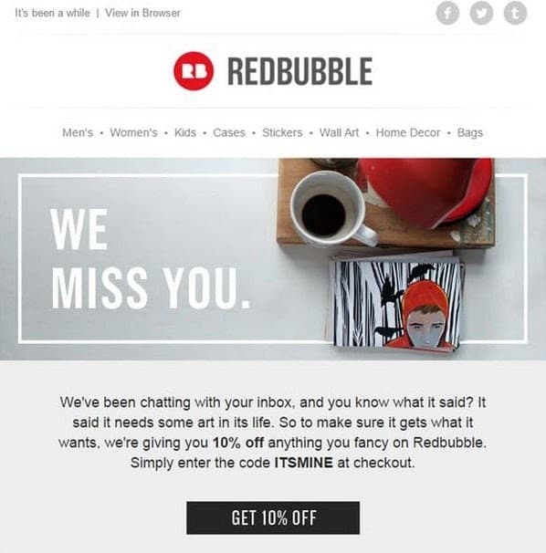 An inspirational email design from Redbubble