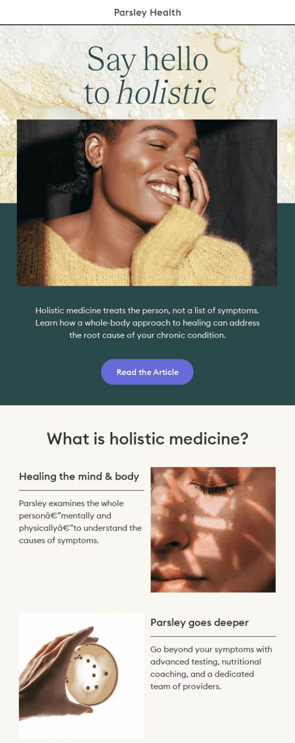 Email newsletter example from Parsley Health.