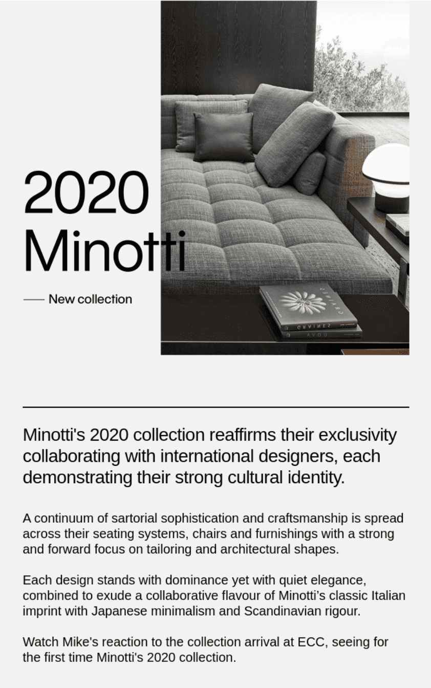 Product launch email example by Minotti