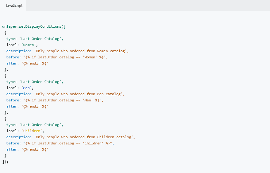 Code for passing Unlayer’s display conditions feature. 