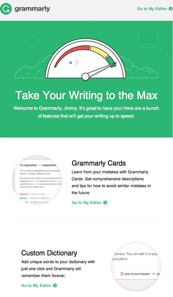 Grammarly’s email as an example of a branded email that uses a consistent style for fonts