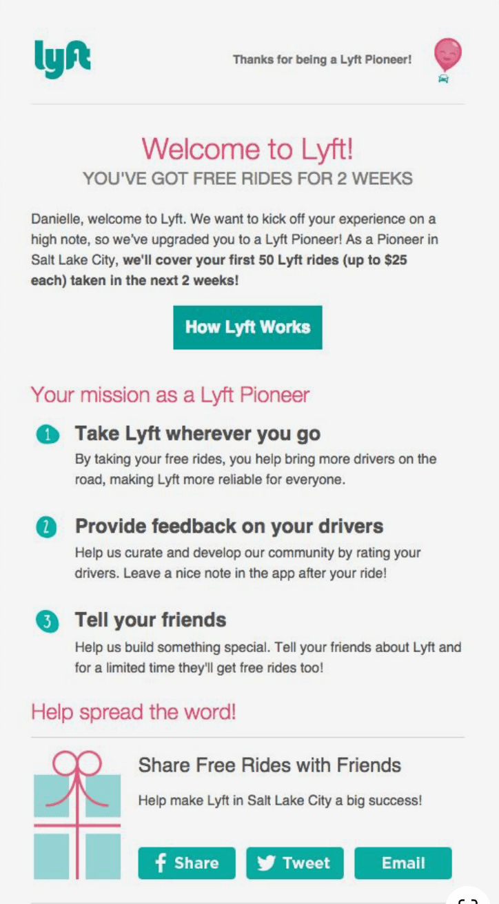 Welcome email example from Lyft.