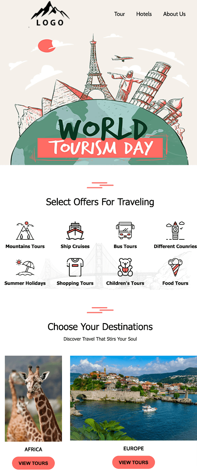 Free promotional email template from Unlayer highlighting promotional offer around World Tourism Day