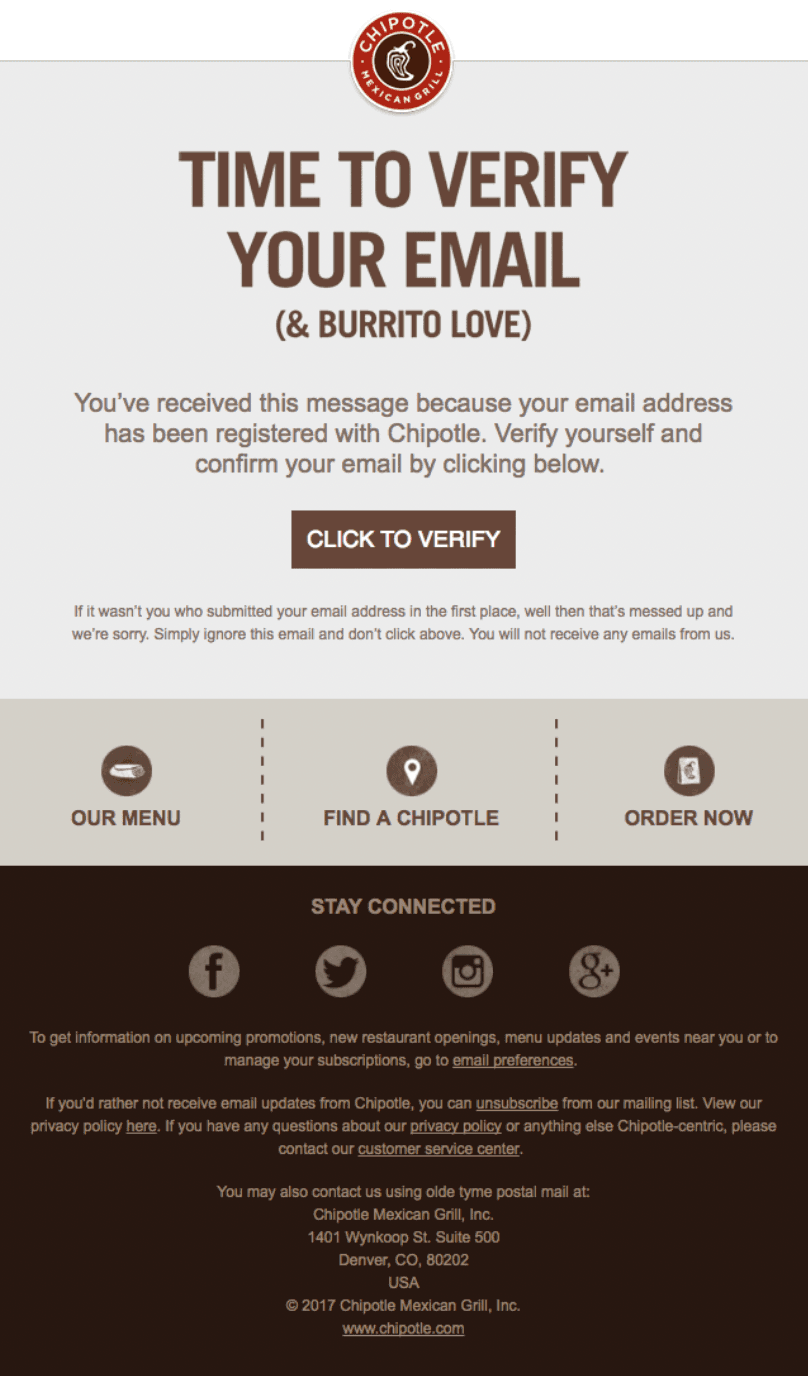 Subscription confirmation email example from Chipotle.