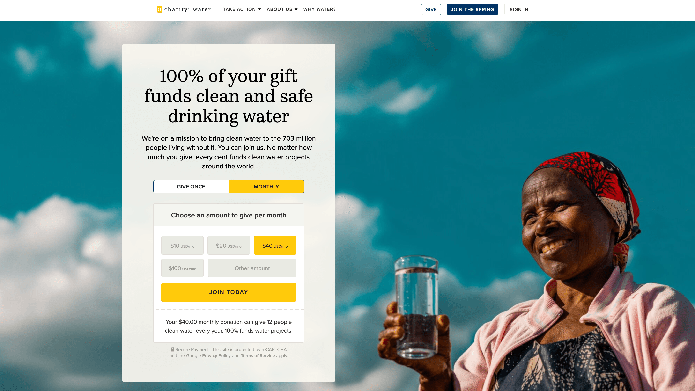 Visual landing page form example from Charity: Water.