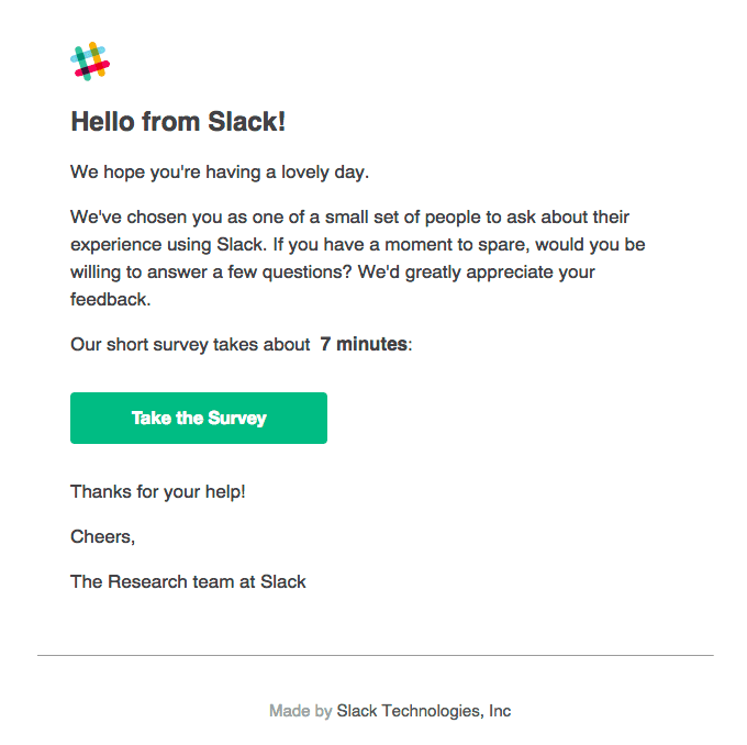 Survey email example from Slack.