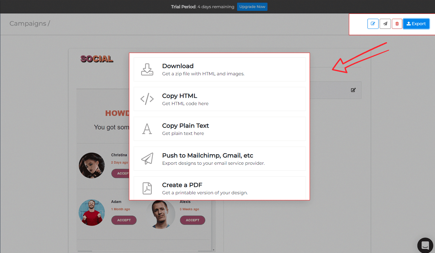 The export button of Unlayer's editor showing all the options available to access your design.