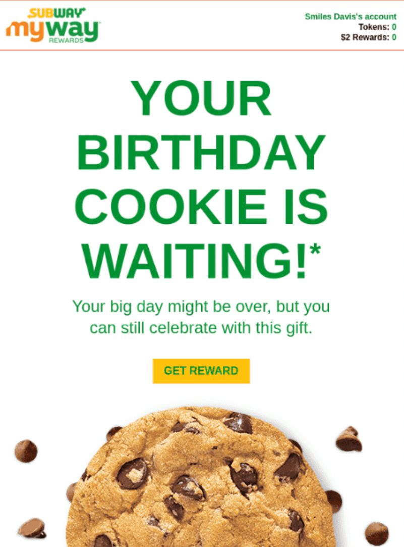 Birthday email example from Subway