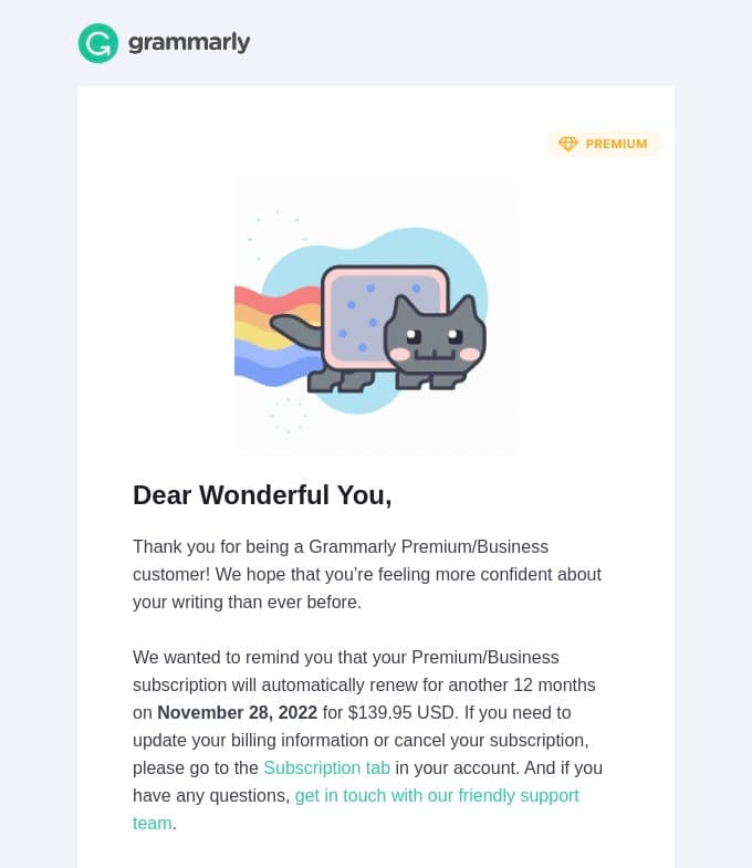 Subscription deadline email example by Grammarly