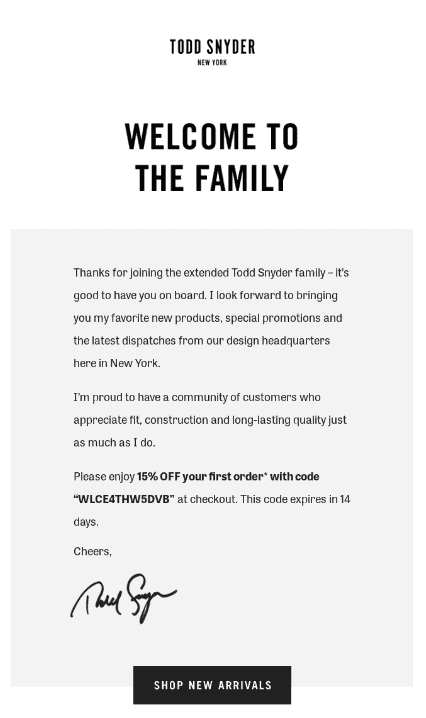  Example of welcome onboarding email by Todd Snyder. 