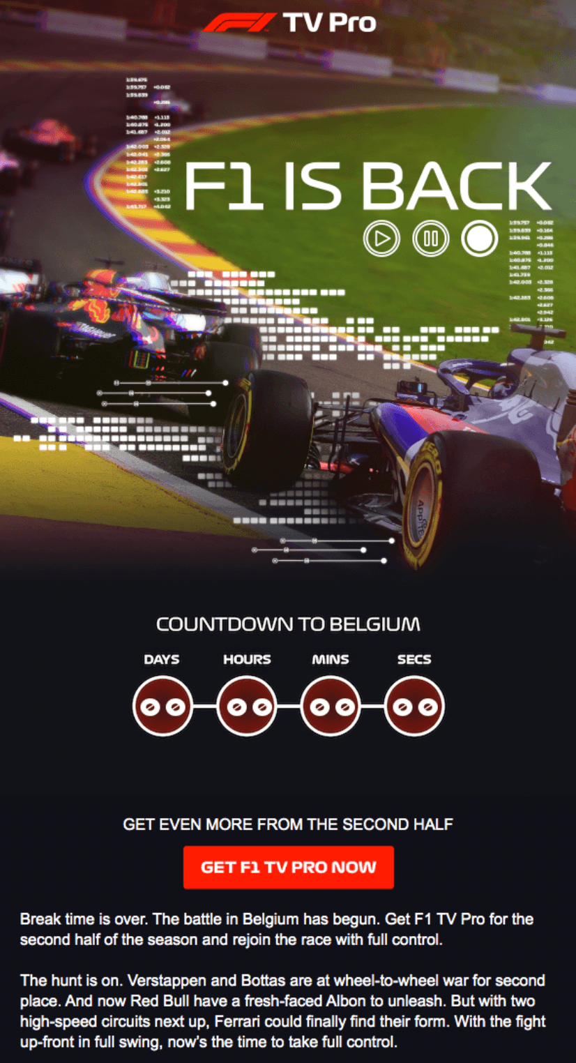 Email example from Formula 1 featuring a countdown timer.‍