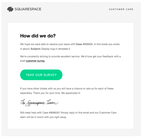 Customer feedback email example from Squarespace.