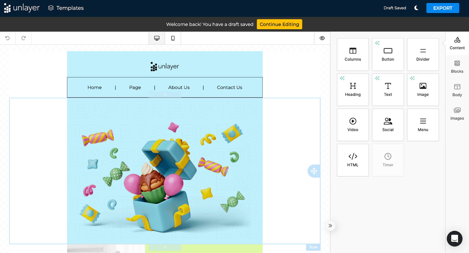 Preview of Unlayer’s email editor.