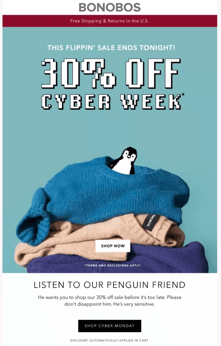 Cyber Monday email example from Bonobos.