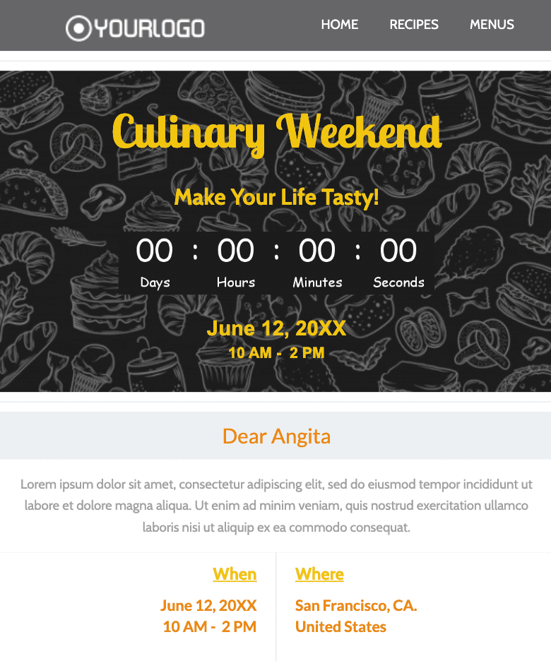 Culinary weekend event reminder email template from Unlayer