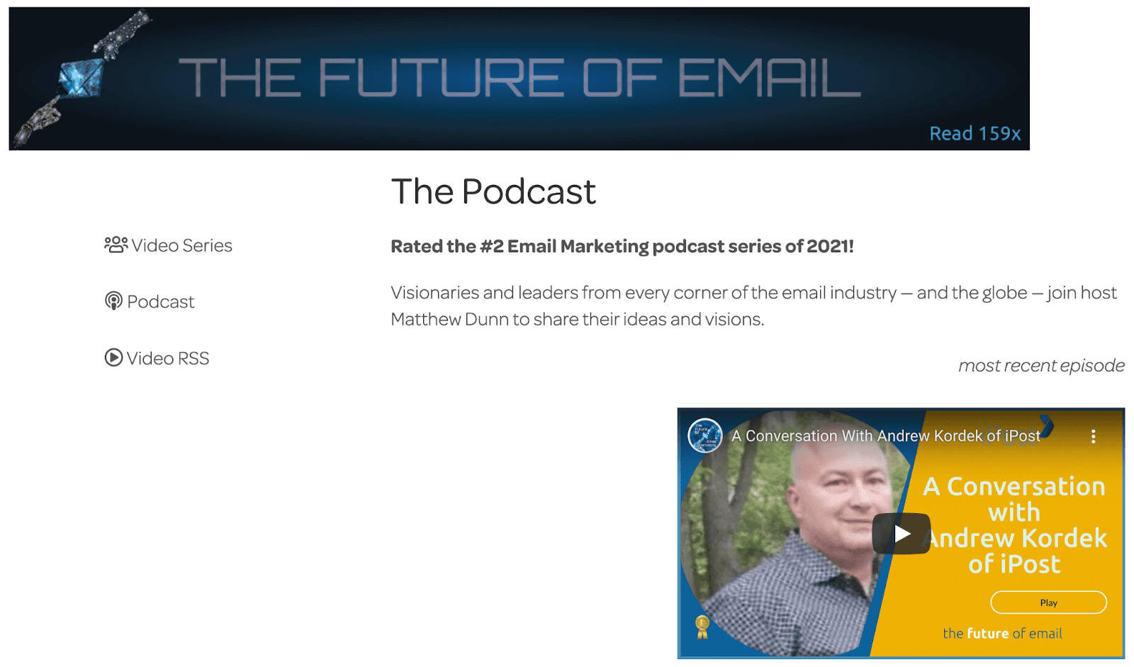 Homepage of the podcast, The Future of Email