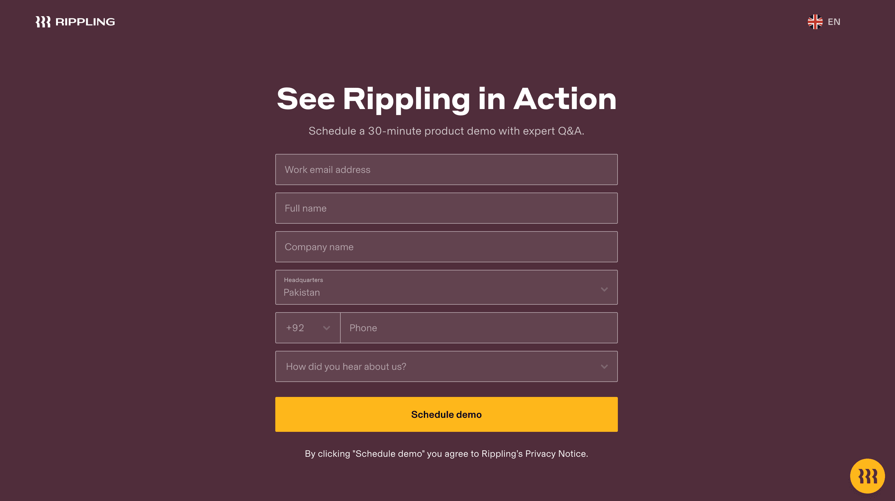 Brand consistent landing page form example from Rippling.