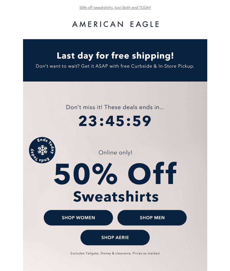 Cyber Monday email example from American Eagle