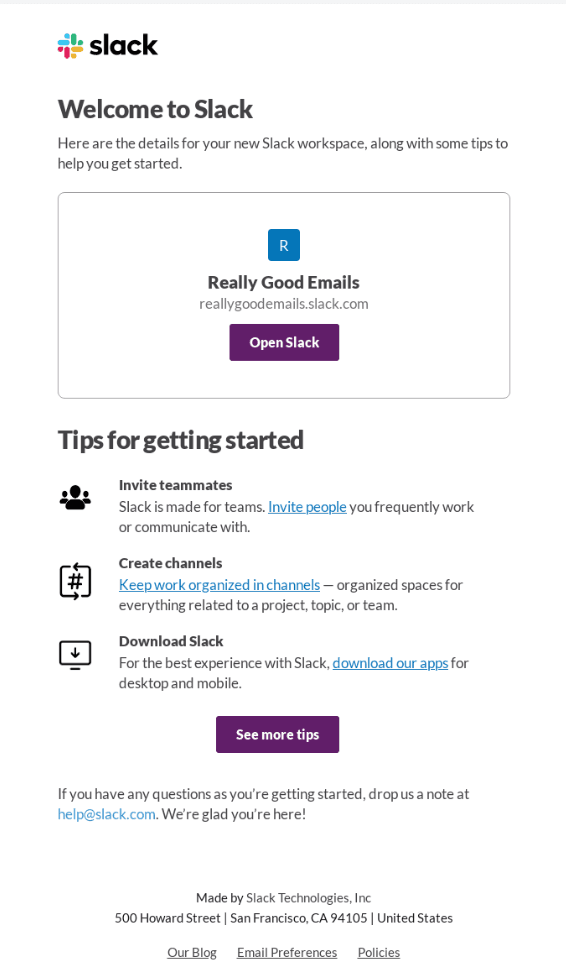 SaaS Welcome email example by Slack
