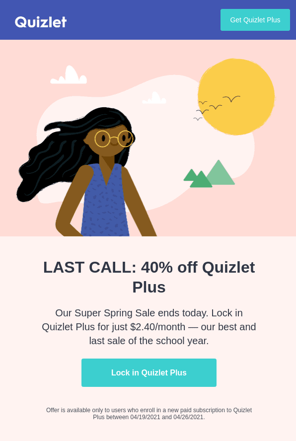 Last chance email from Quizlet