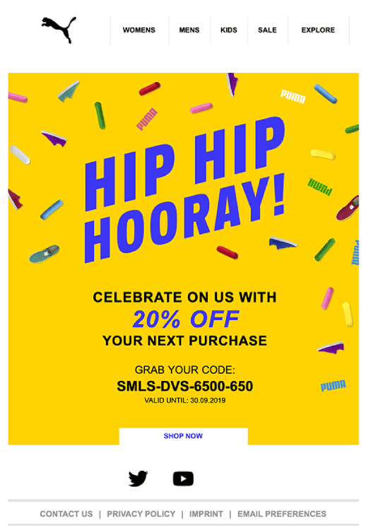 Example of a milestone email by Puma, where they offer a discount on your next purchase