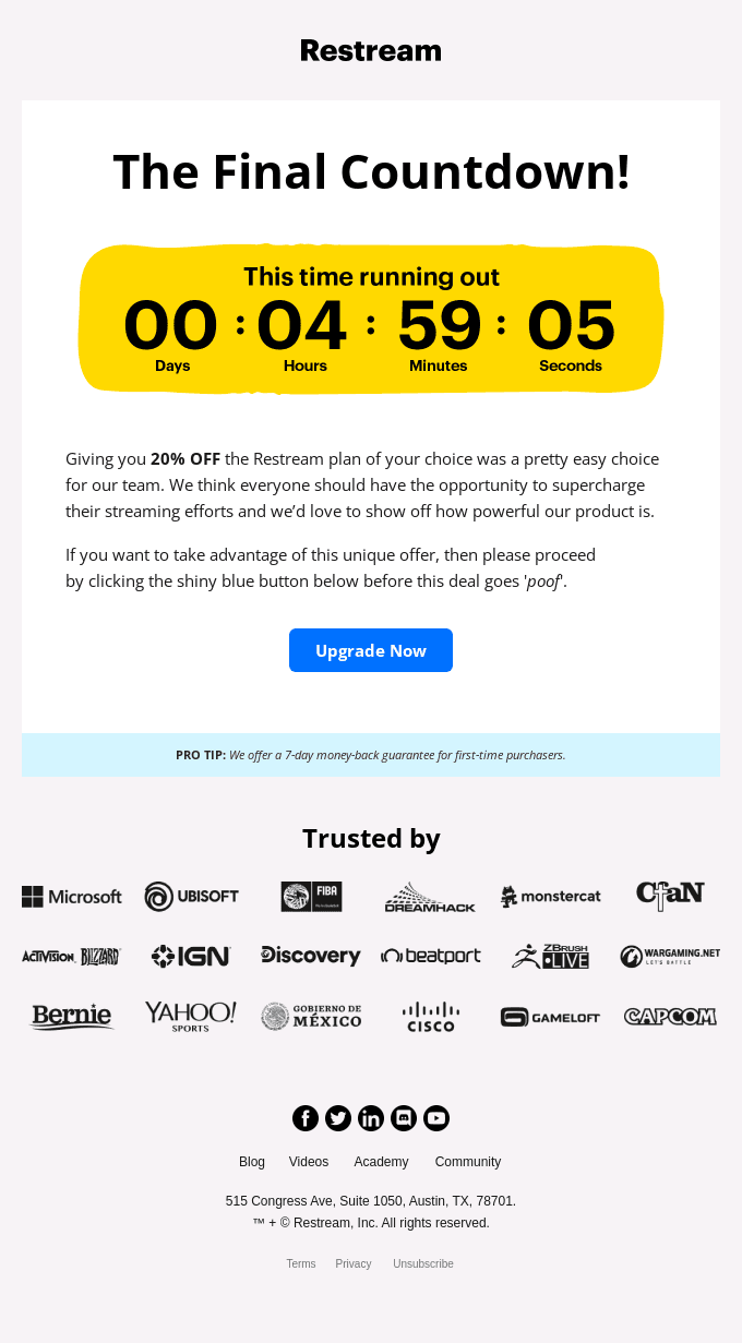 Email example from Restream showing a countdown timer