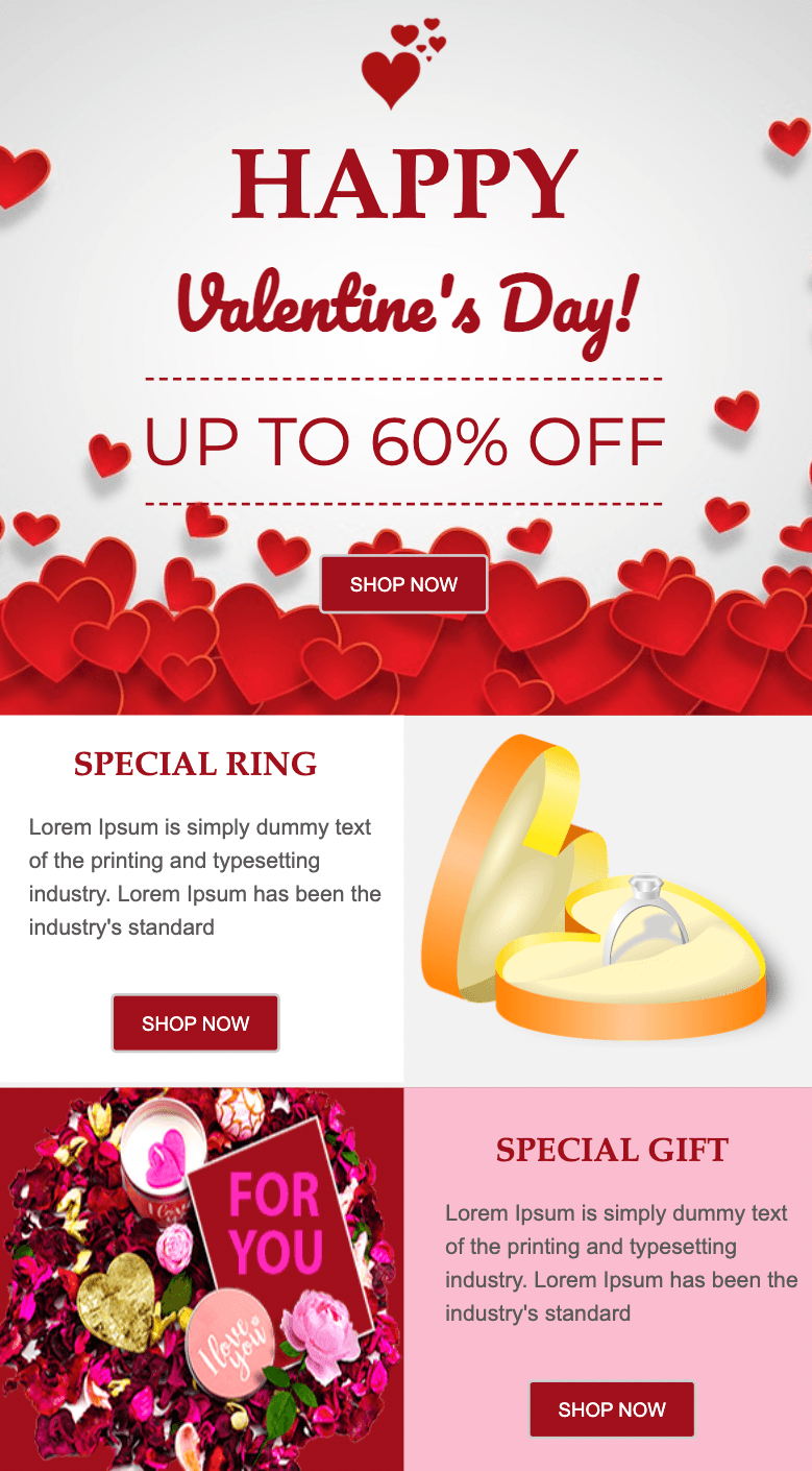 Valentine’s Day email template from Unlayer