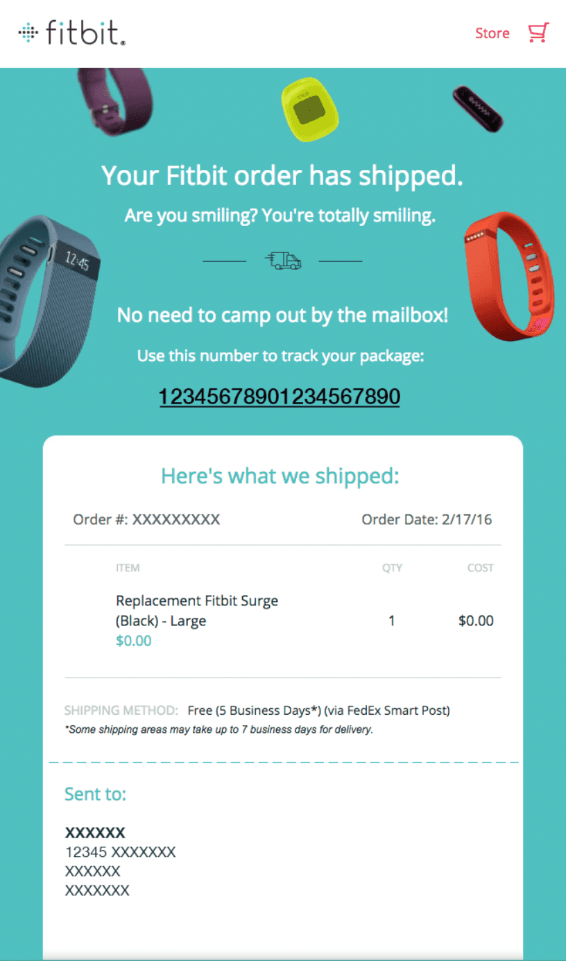 Shipping confirmation email examples by Fitbit