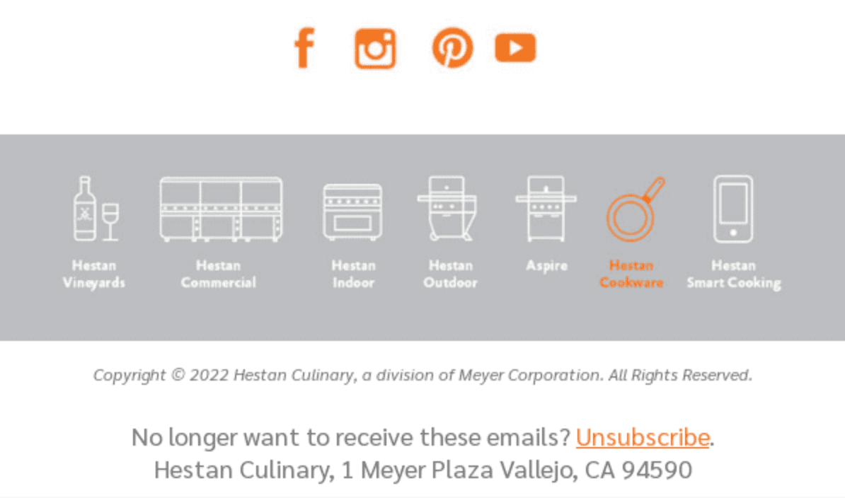 Email footer example from Hestan Culinary