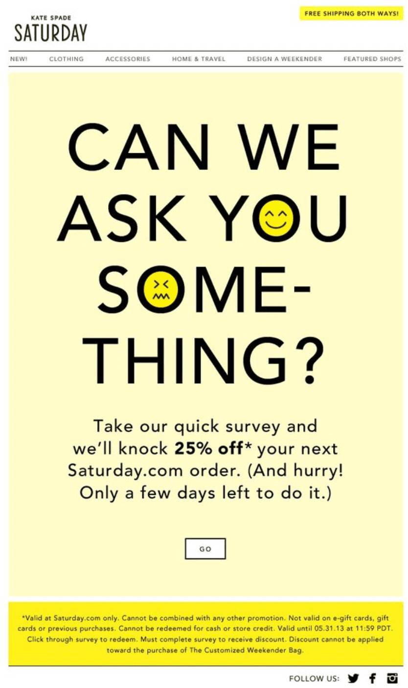 Survey email example from Kate Spade.