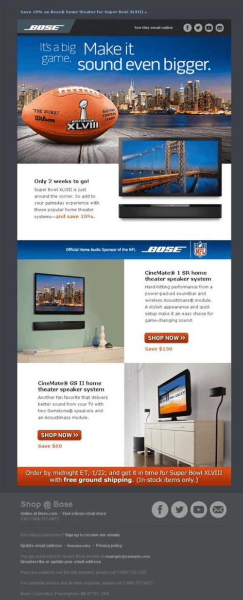 Super Bowl email from Bose to share their home theater systems and a sale. 