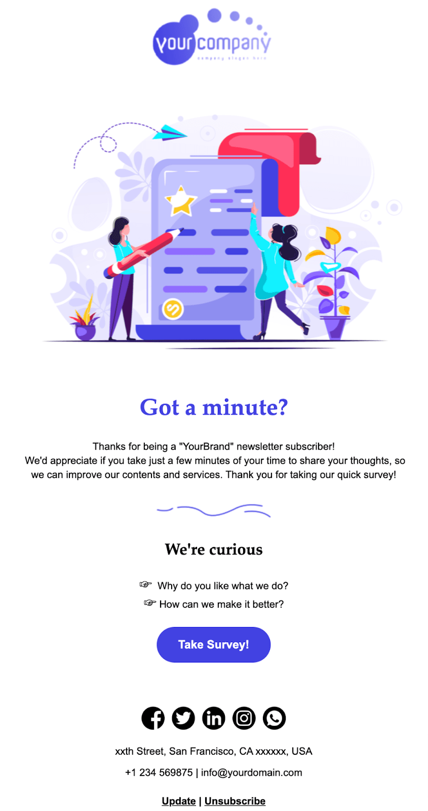 Free survey email template from Unlayer asking readers if they’ve got a minute