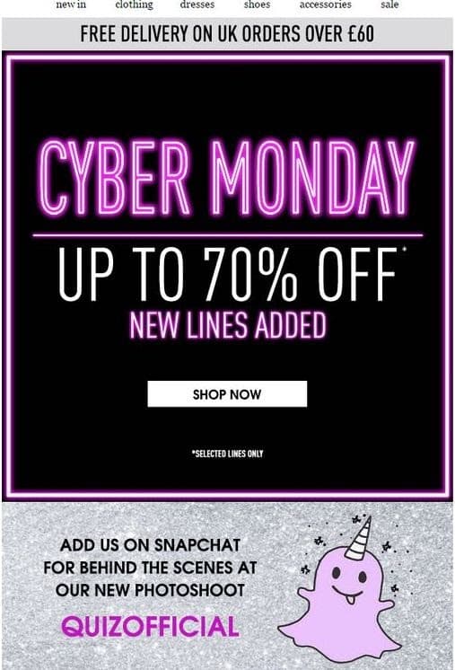 Cyber Monday email example from Quiz