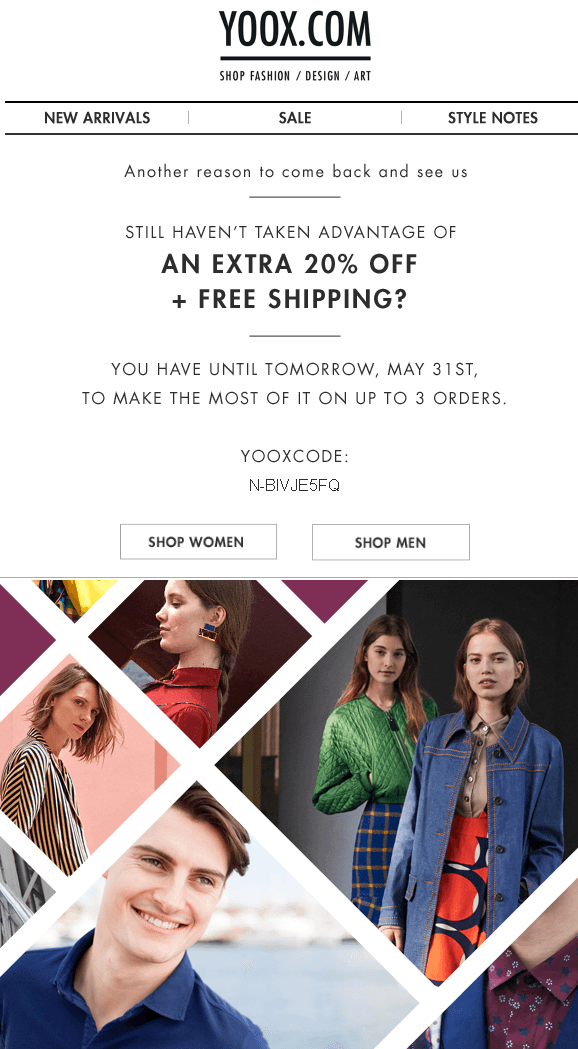 A re-engagement email from YOOX that offers an incentive