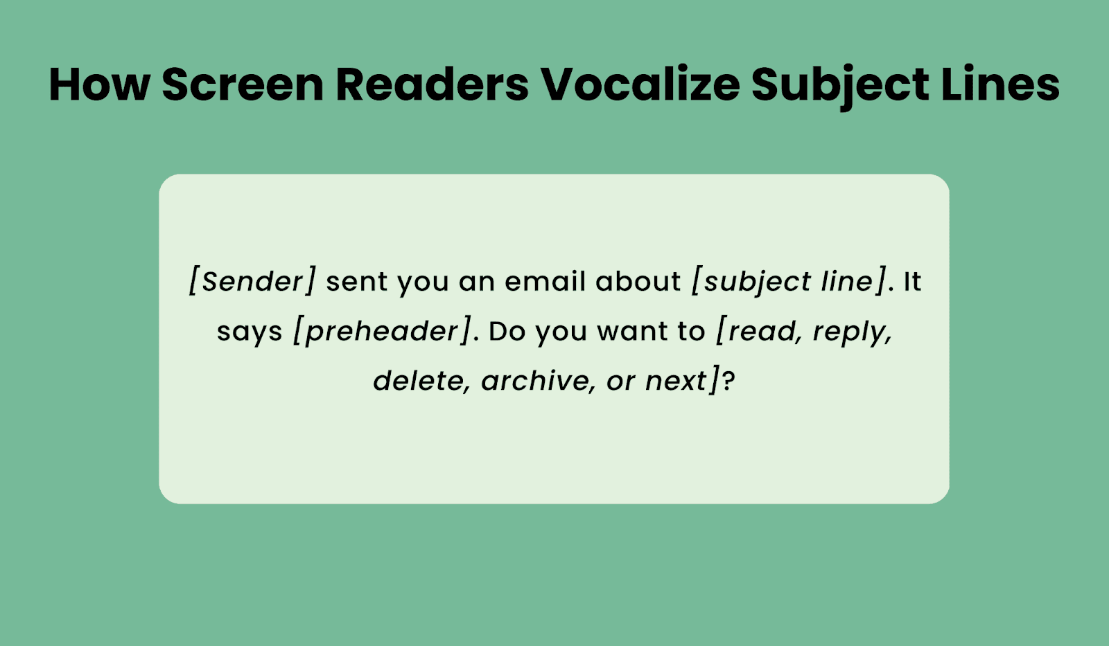 Example of how screen readers and voice assistants announce subject lines and preheaders