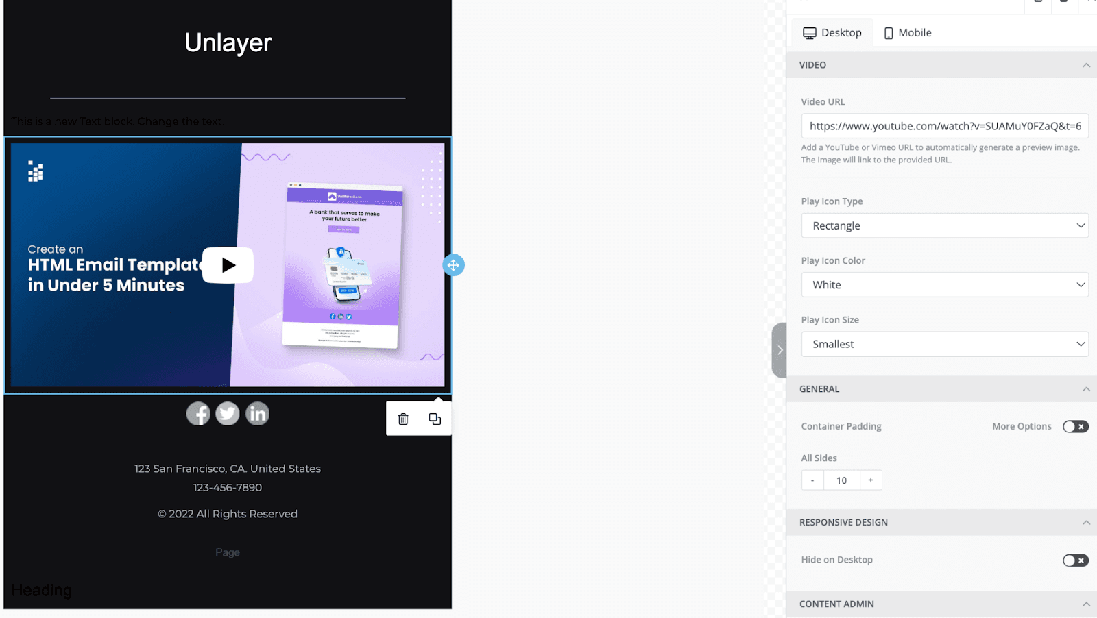 Video embedded in an email template using Unlayer. 