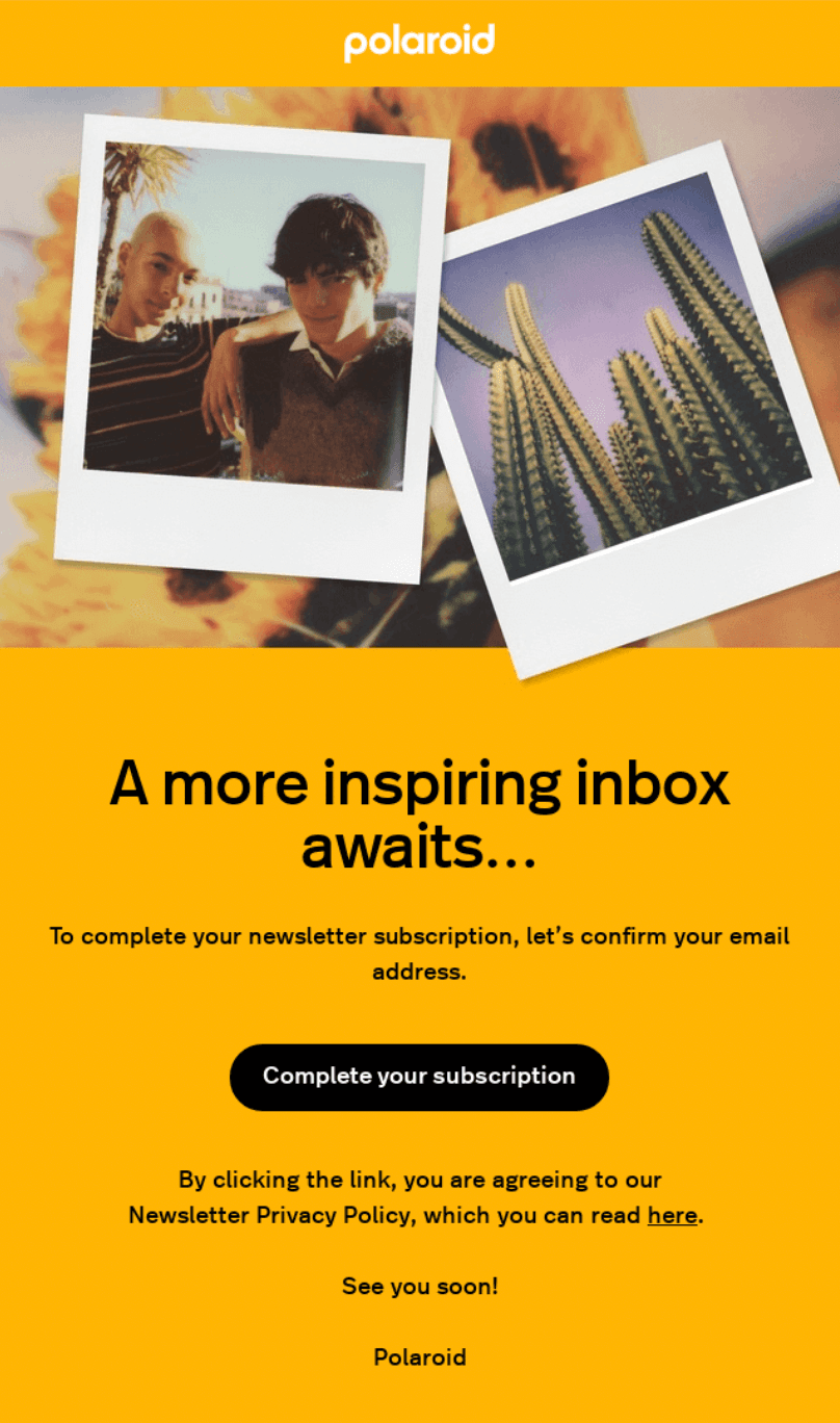 Subscription confirmation email example from Polaroid